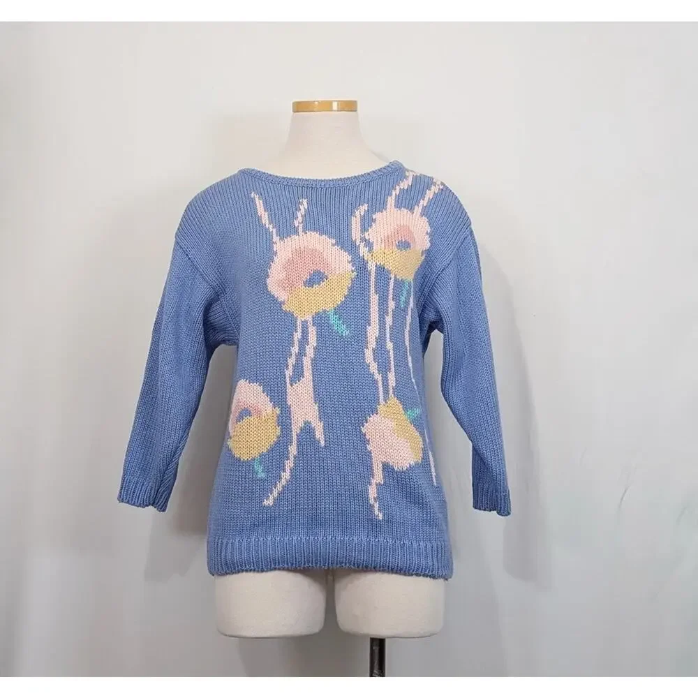Vintage 80s Sweater Periwinkle Blue Floral Knit Hand Loomed Women's Size S - Picture 1 of 7